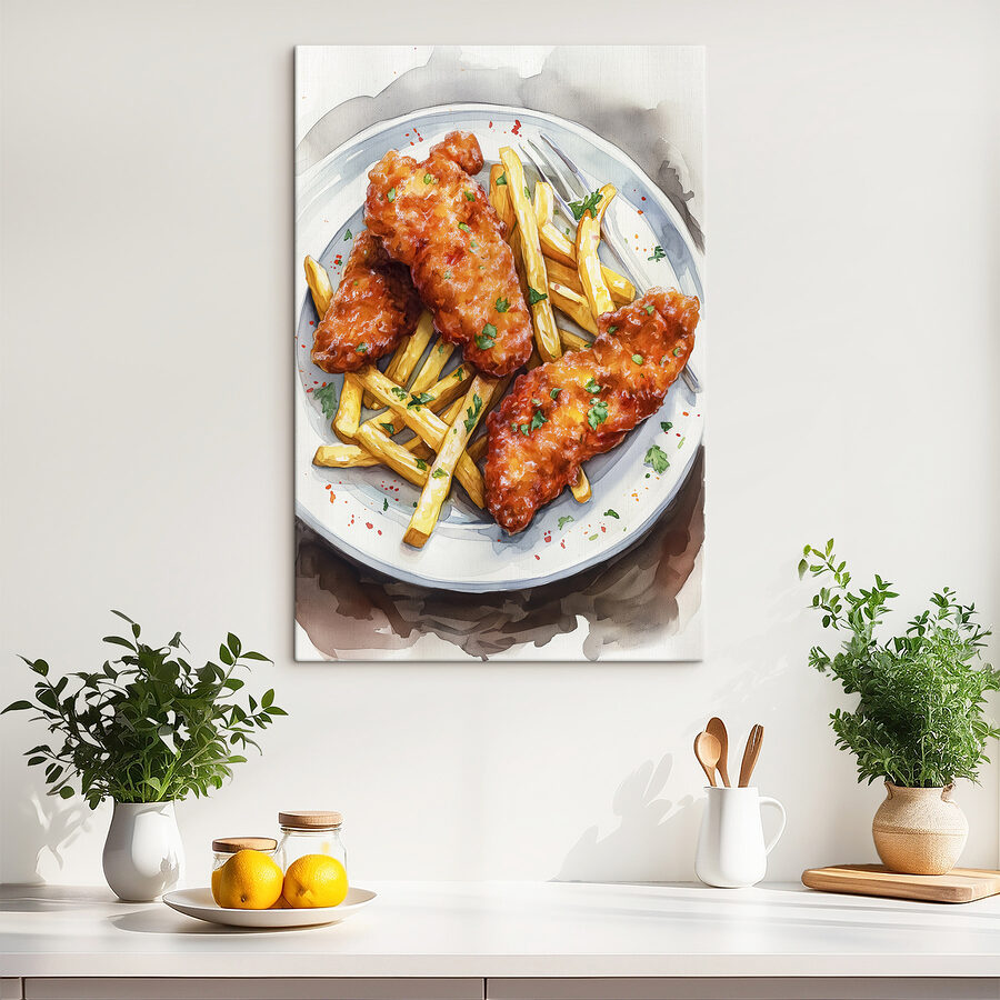 Teller mit Hähnchenflügeln und Pommes frites