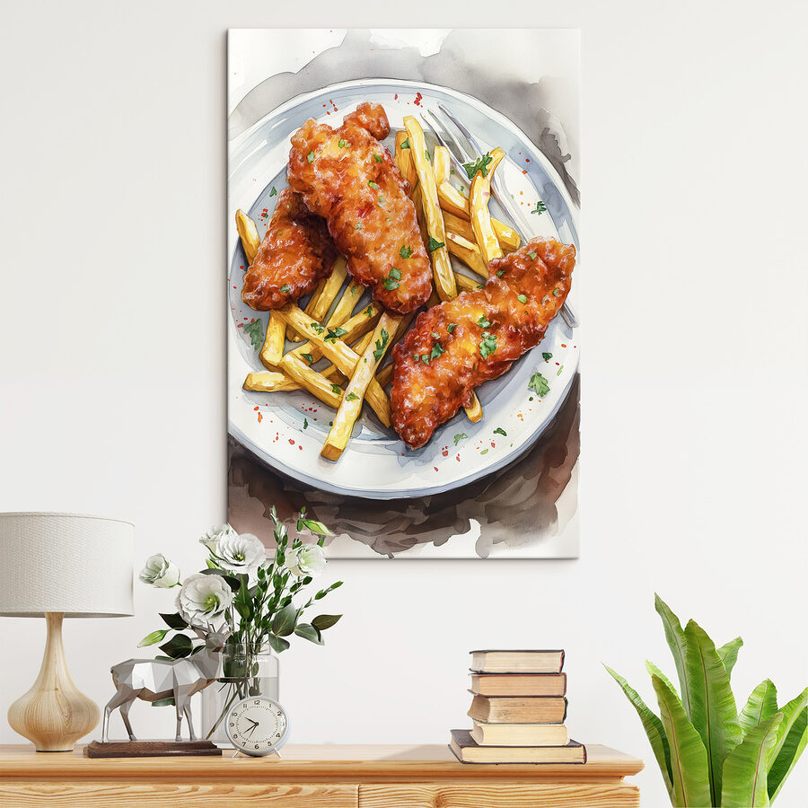 Teller mit Hähnchenflügeln und Pommes frites