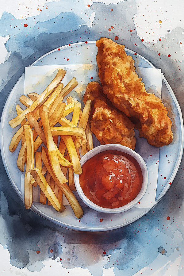 Teller mit Hähnchenstreifen und Pommes frites Teller mit Hähnchenstreifen und Pommes frites
