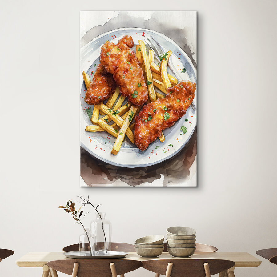 Teller mit Hähnchenflügeln und Pommes frites