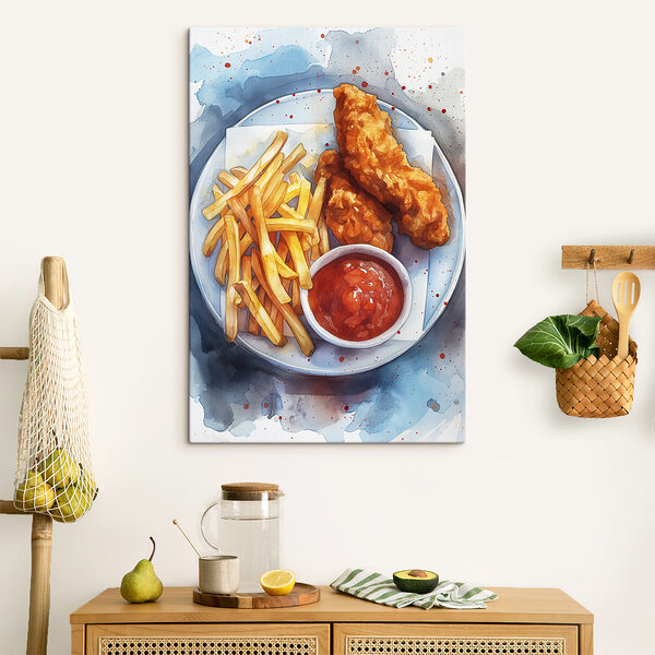 Teller mit Hähnchenstreifen und Pommes frites Teller mit Hähnchenstreifen und Pommes frites