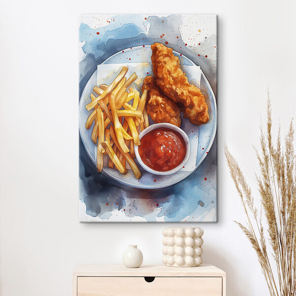 Teller mit Hähnchenstreifen und Pommes frites Teller mit Hähnchenstreifen und Pommes frites