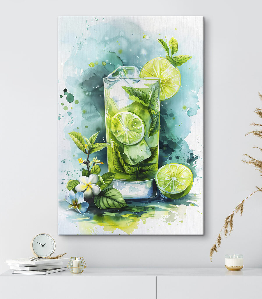 Wandbilder Aquarell eines Getränks mit Limetten und Blättern