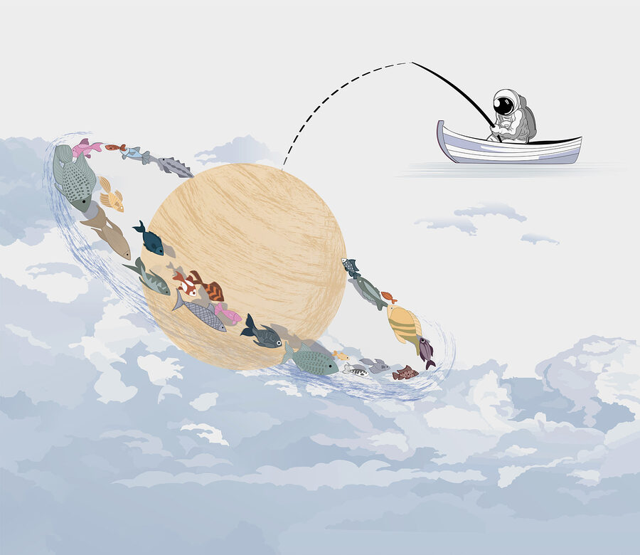 Karikatur eines Planeten mit Fischen darin