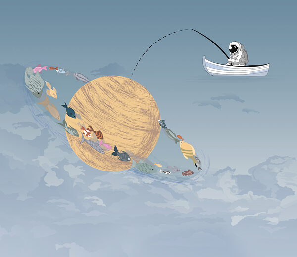 Cartoon eines Mannes, der in einem Boot am Himmel fischt Cartoon eines Mannes, der in einem Boot am Himmel fischt