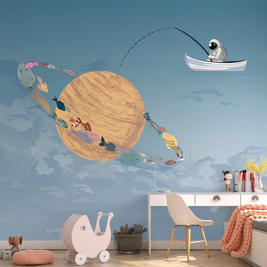 Cartoon eines Mannes, der in einem Boot am Himmel fischt