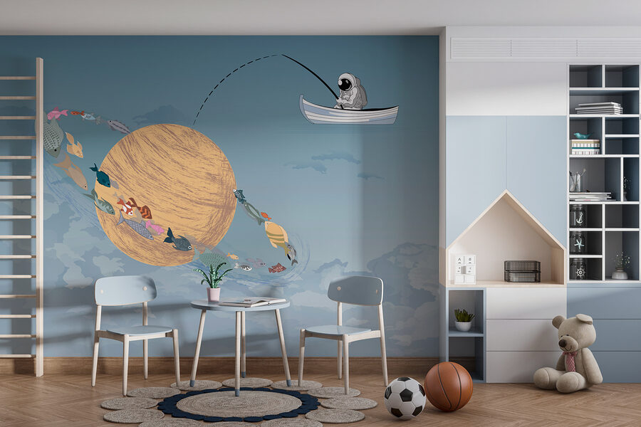 Cartoon eines Mannes, der in einem Boot am Himmel fischt