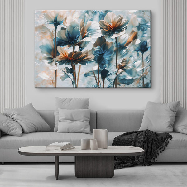 Gruppe von Blumen mit blauen und weißen Blütenblättern Wandbilder Gruppe von Blumen mit blauen und weißen Blütenblättern