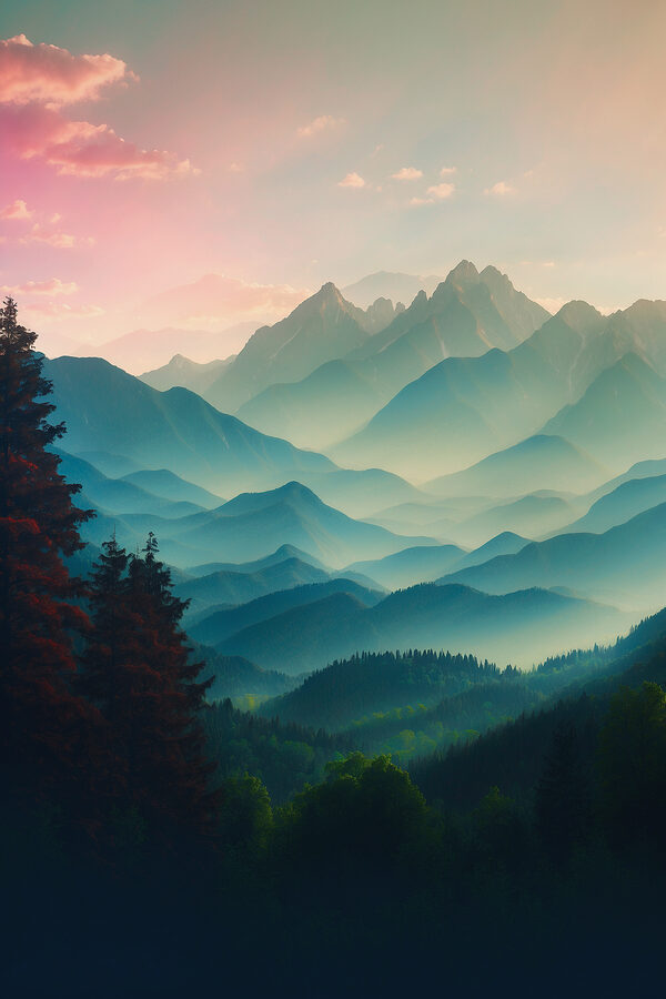 Mountain range with trees and clouds