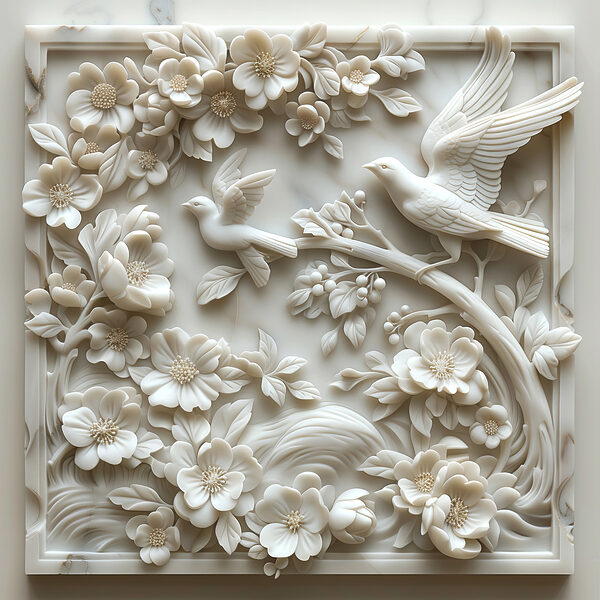Weiße Skulptur mit Vögeln und Blumen Weiße Skulptur mit Vögeln und Blumen
