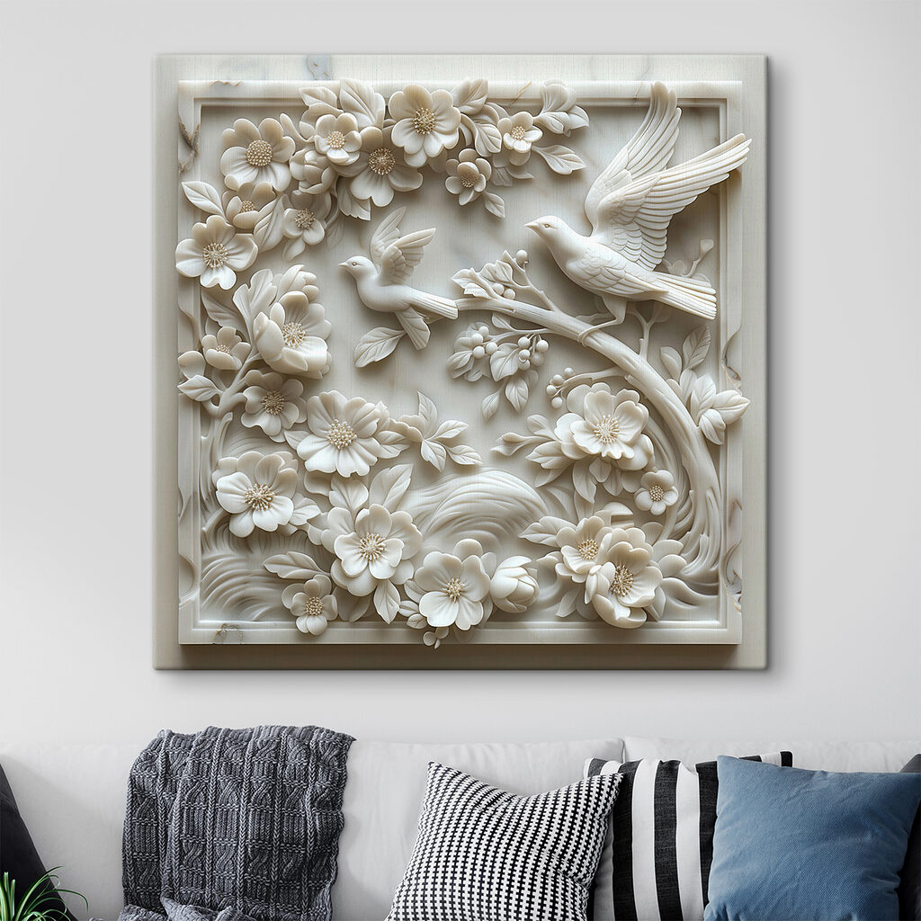 White sculpture of birds and flowers