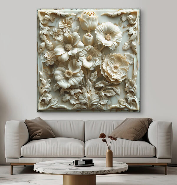 Wandbilder Weiße Blumenschnitzerei auf einer Marmoroberfläche (Artikelnummer: s39739) Wandbilder Wandbilder Weiße Blumenschnitzerei auf einer Marmoroberfläche (Artikelnummer: s39739)