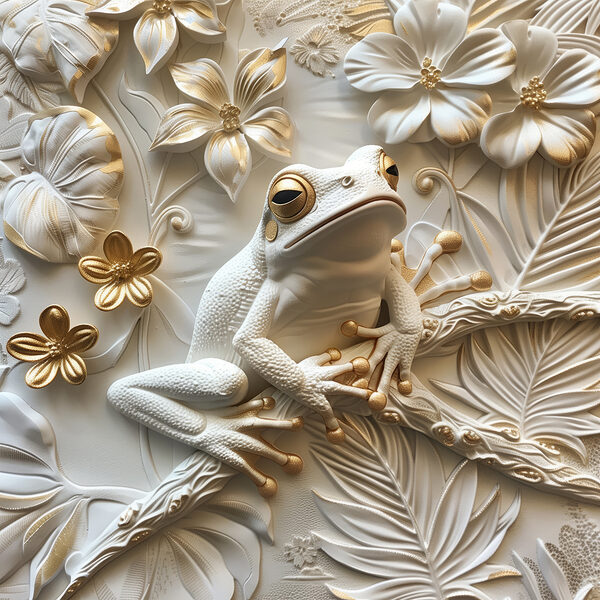 Frosch, der sich inmitten kunstvoller Blumen ausruht. Frosch, der sich inmitten kunstvoller Blumen ausruht.
