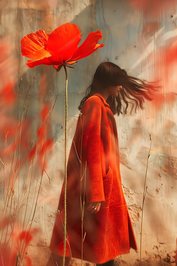 Woman in a red coat and a large flower Woman in a red coat and a large flower