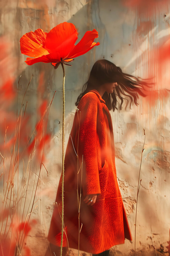 Woman in a red coat and a large flower Woman in a red coat and a large flower