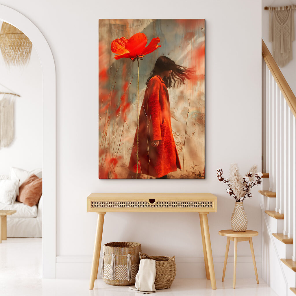 Woman in a red coat and a large flower Woman in a red coat and a large flower