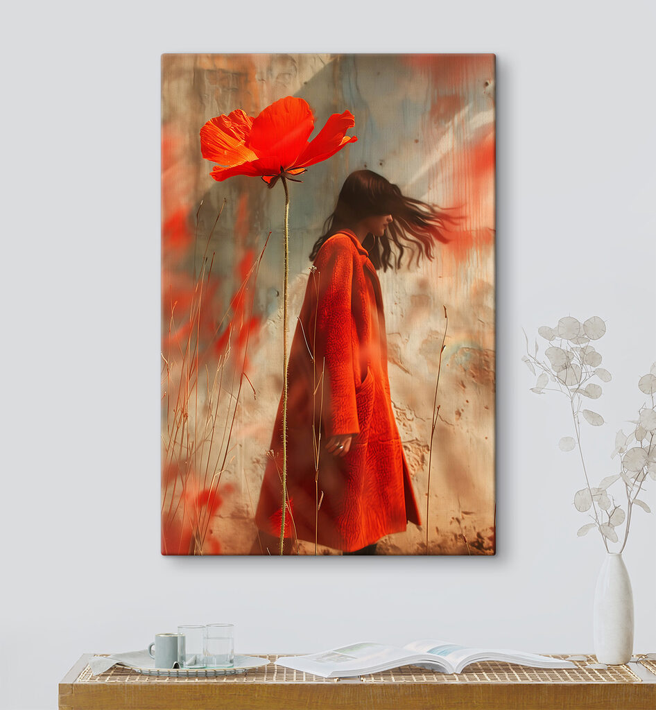Woman in a red coat and a large flower Woman in a red coat and a large flower