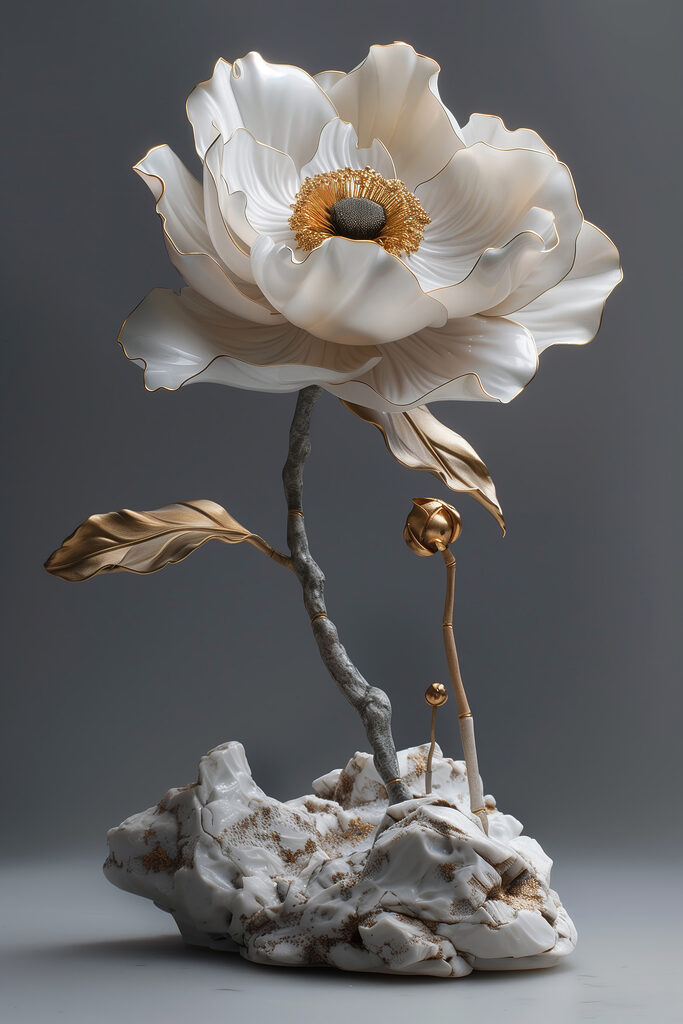 Elegant porcelain flower sculpture on display Elegant porcelain flower sculpture on display
