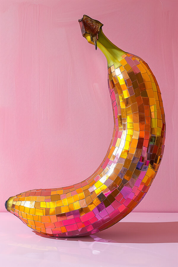 Bunte Spiegel Banane auf einem rosa Hintergrund Bunte Spiegel Banane auf einem rosa Hintergrund