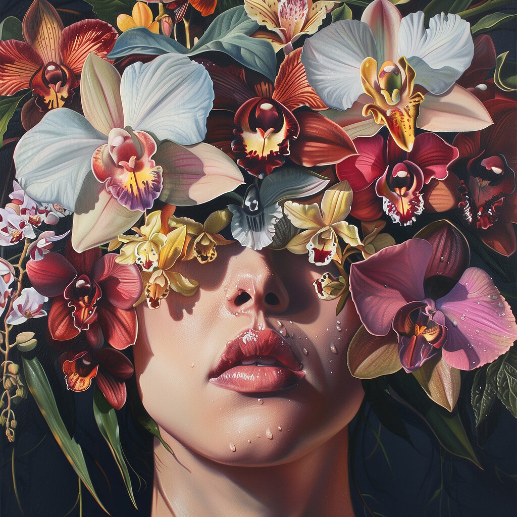 Painting of a woman with flowers on her head