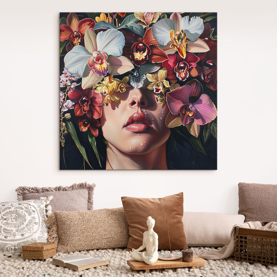 Gemälde einer Frau mit Blumen auf dem Kopf Gemälde einer Frau mit Blumen auf dem Kopf