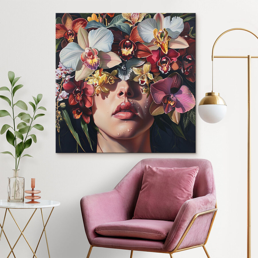 Gemälde einer Frau mit Blumen auf dem Kopf Gemälde einer Frau mit Blumen auf dem Kopf