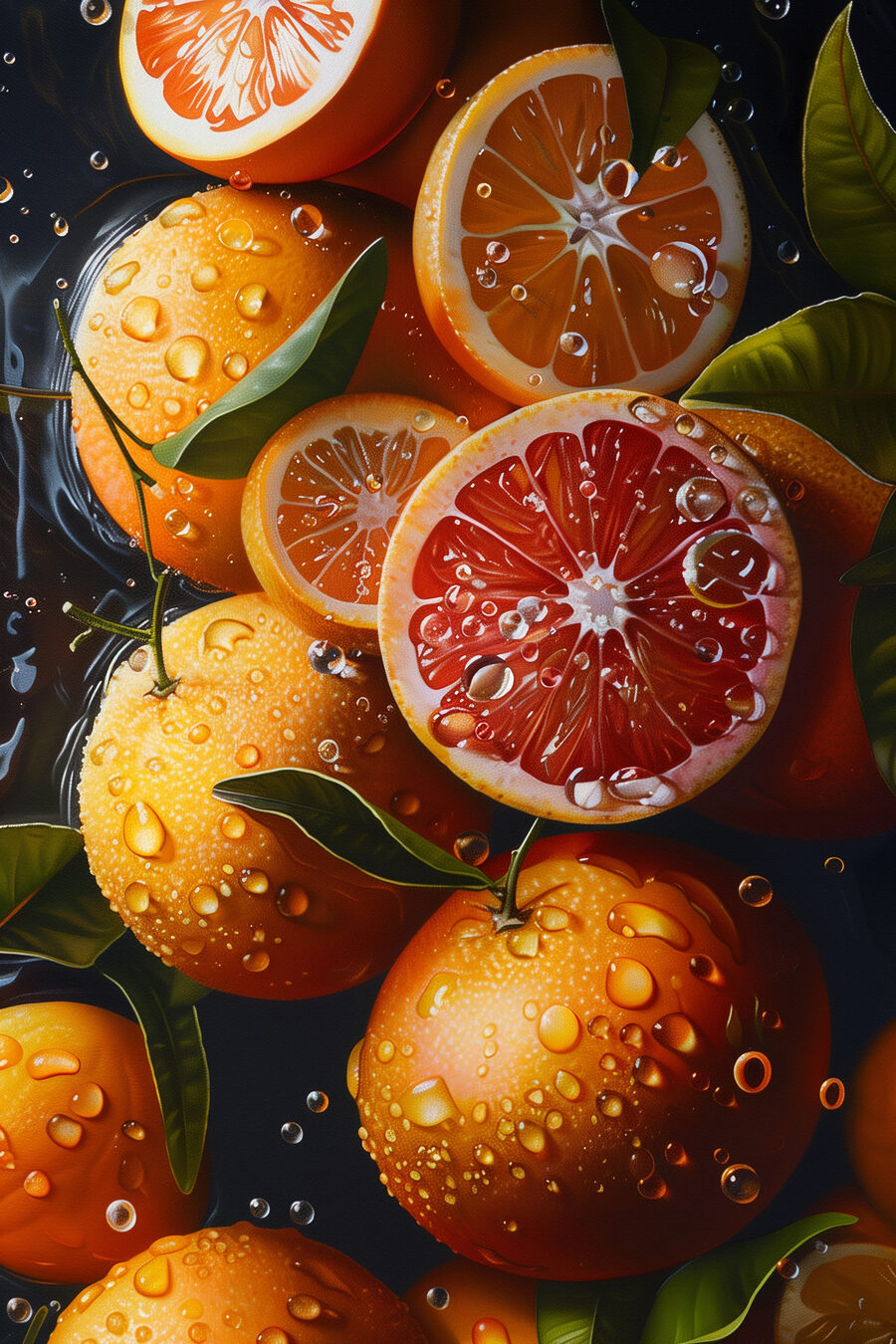 Gruppe von Orangen mit Wassertropfen auf ihnen