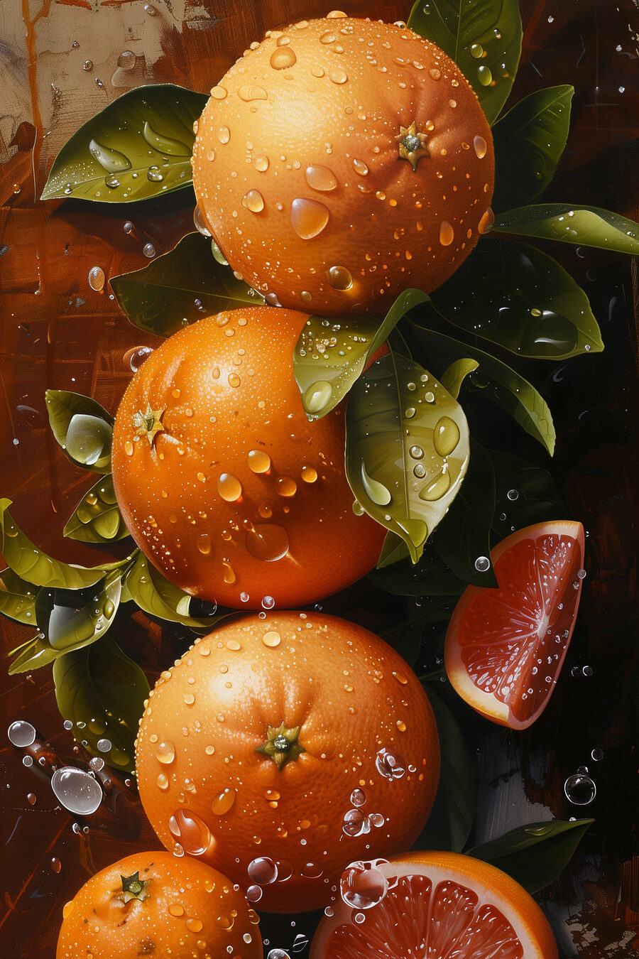 Gruppe von Orangen mit Blättern und Scheiben von Orangen