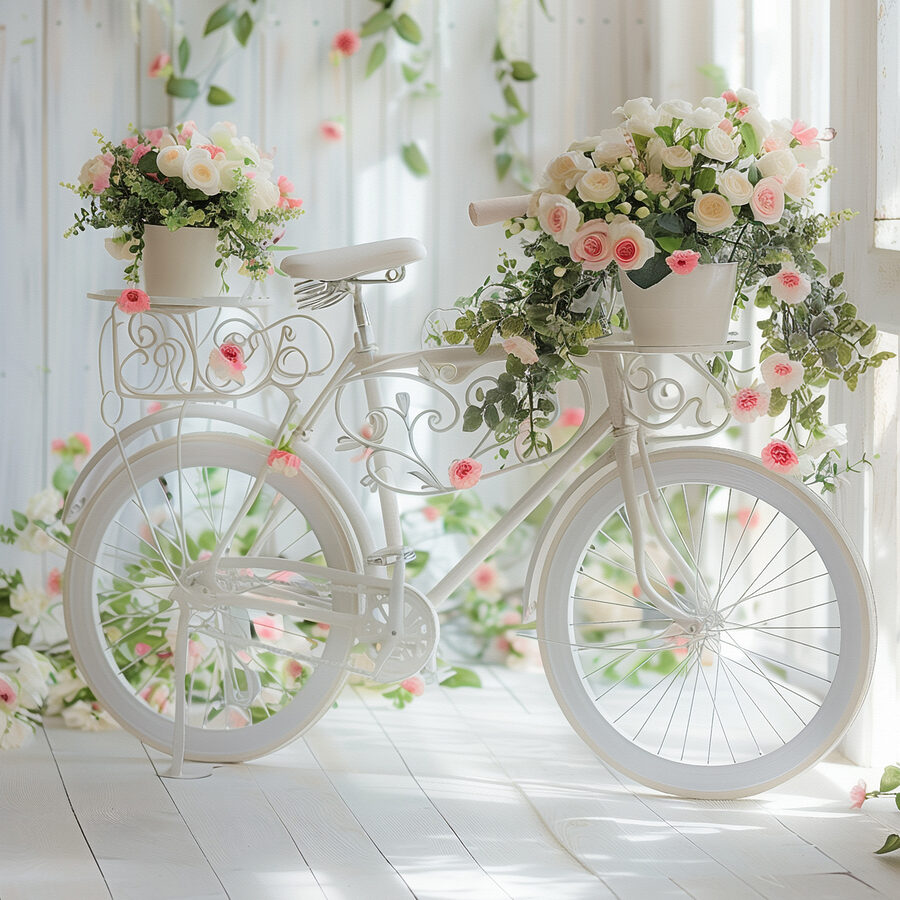 Weißes Fahrrad mit Blumen darauf