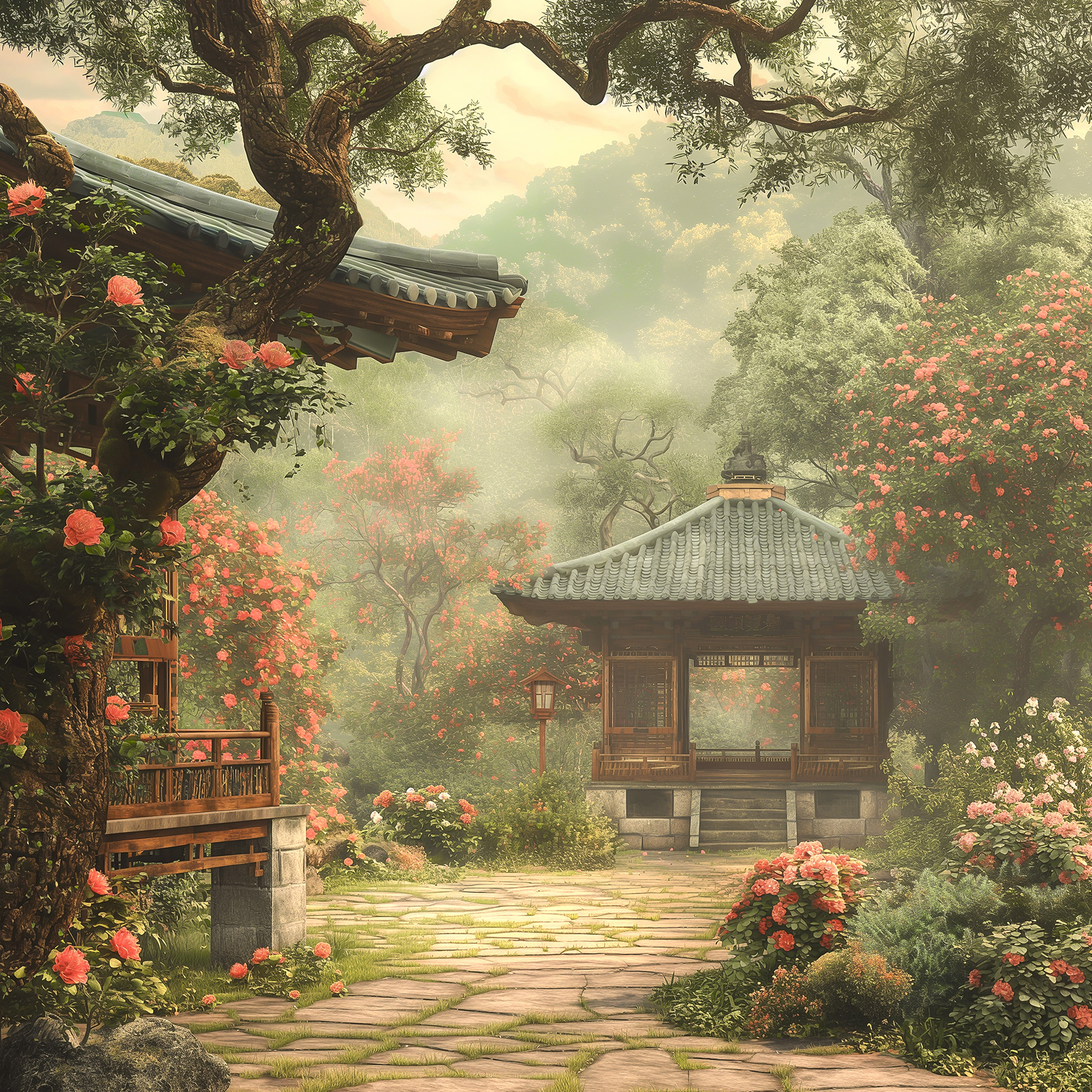 Garden with a gazebo and trees Garden with a gazebo and trees