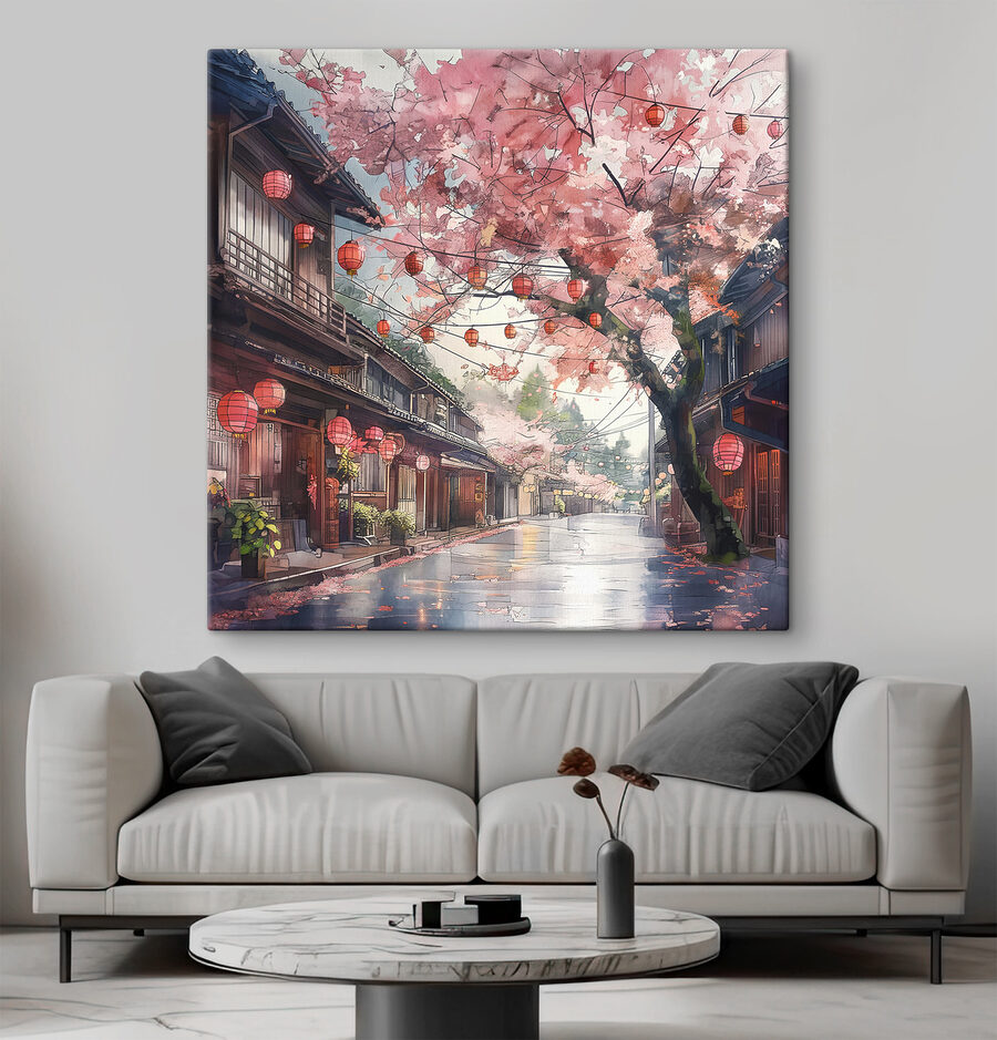 Straße mit rosa Laternen und Bäumen