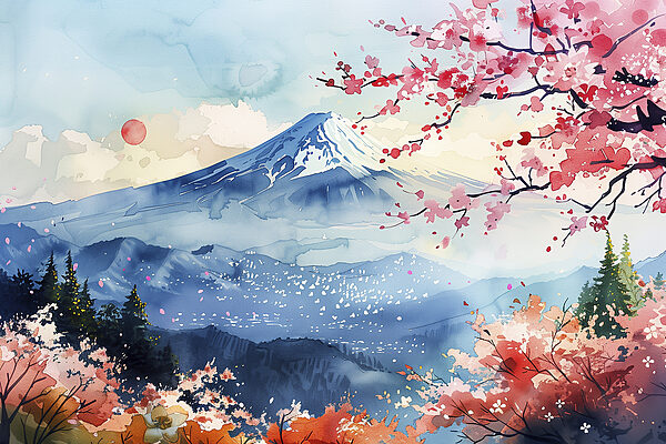 Watercolor of a mountain with a snowy peak Watercolor of a mountain with a snowy peak