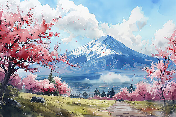 Der Berg Fuji mit rosa Blüten Der Berg Fuji mit rosa Blüten