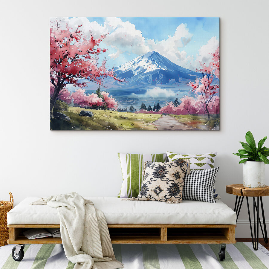 Der Berg Fuji mit rosa Blüten