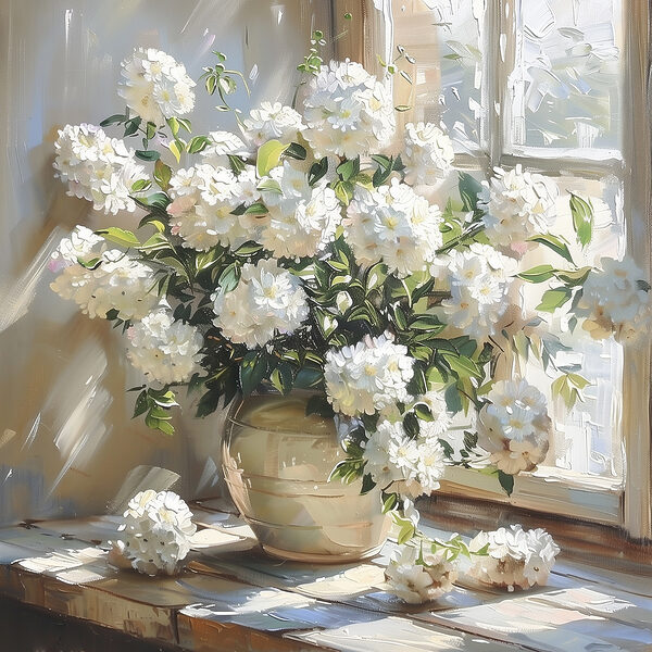 Vase mit weißen Blumen vor einem Fenster Vase mit weißen Blumen vor einem Fenster