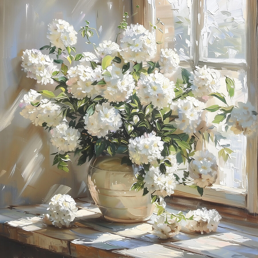 Vase mit weißen Blumen vor einem Fenster