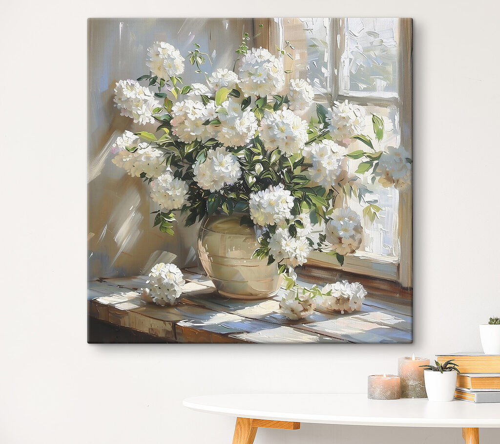 Vase of white flowers in front of a window