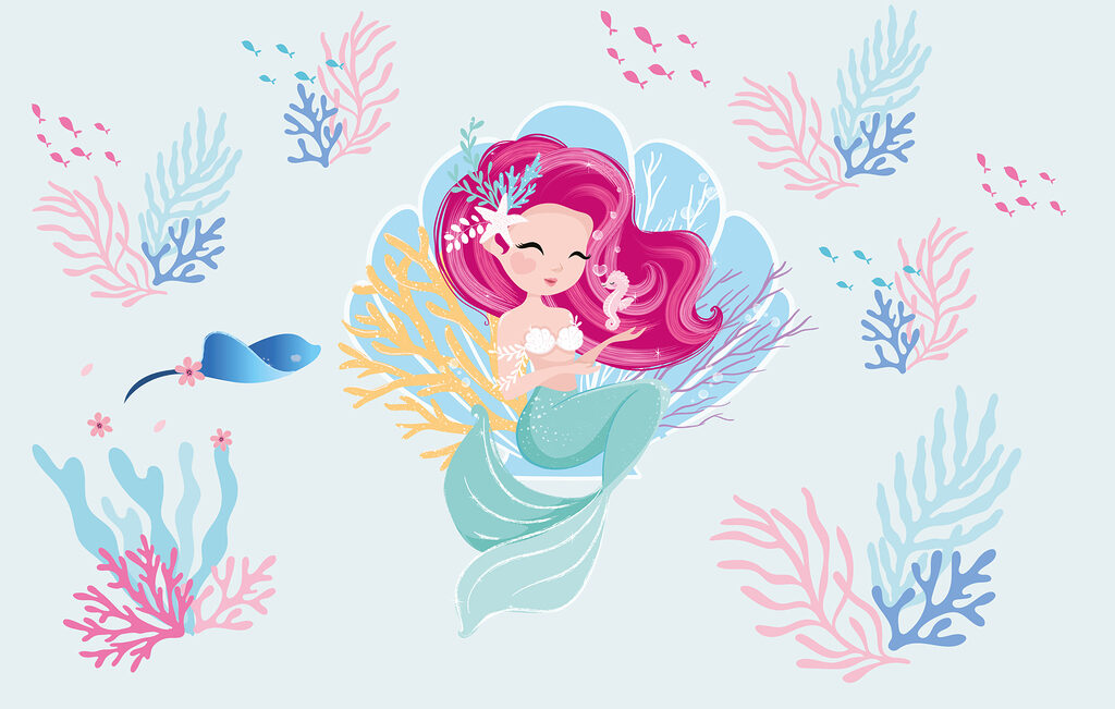 Cartoon mermaid with pink hair and a seahorse