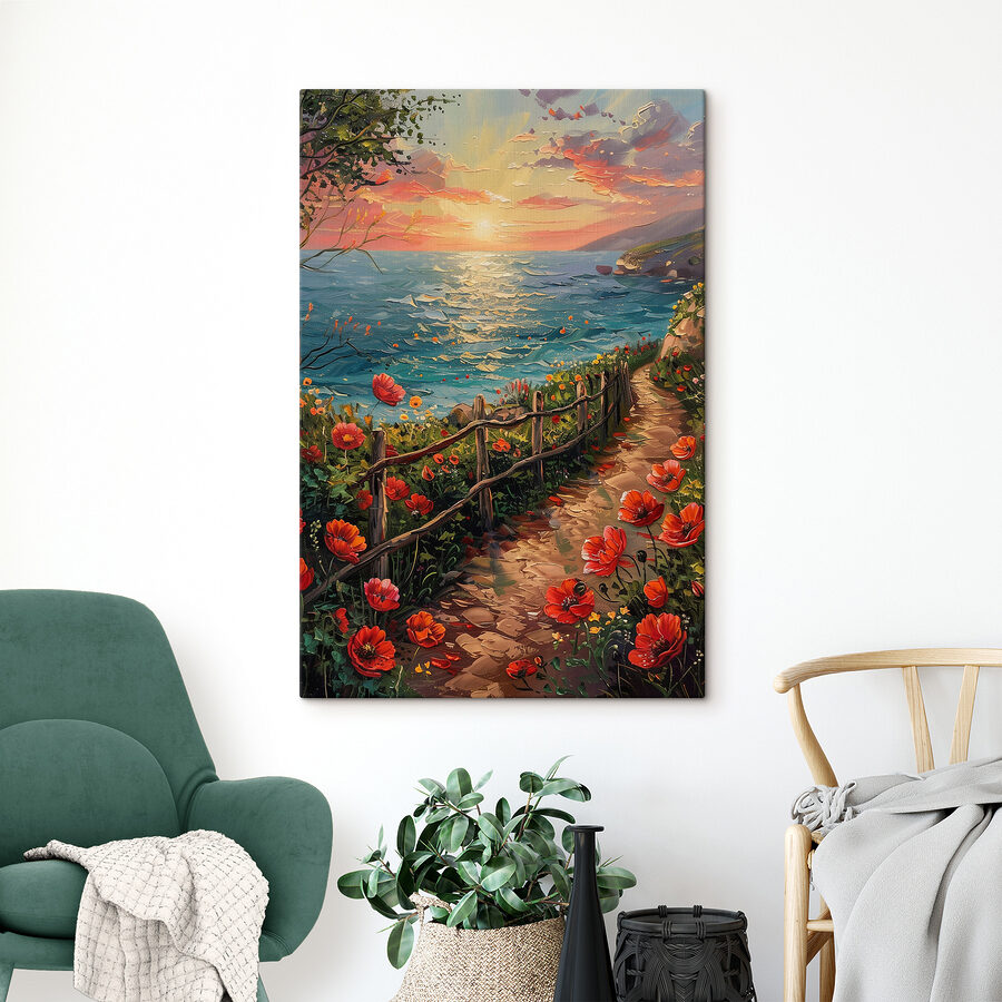 Gemälde eines Weges am Wasser mit Blumen Gemälde eines Weges am Wasser mit Blumen