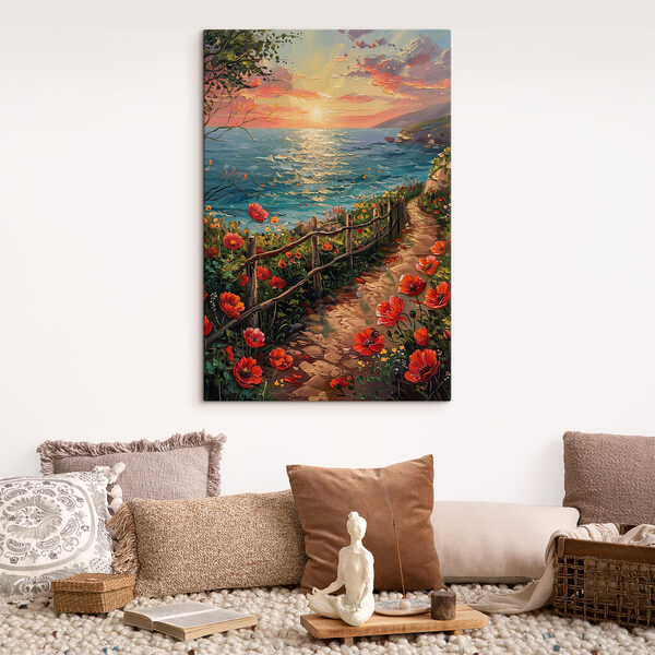 Gemälde eines Weges am Wasser mit Blumen Gemälde eines Weges am Wasser mit Blumen
