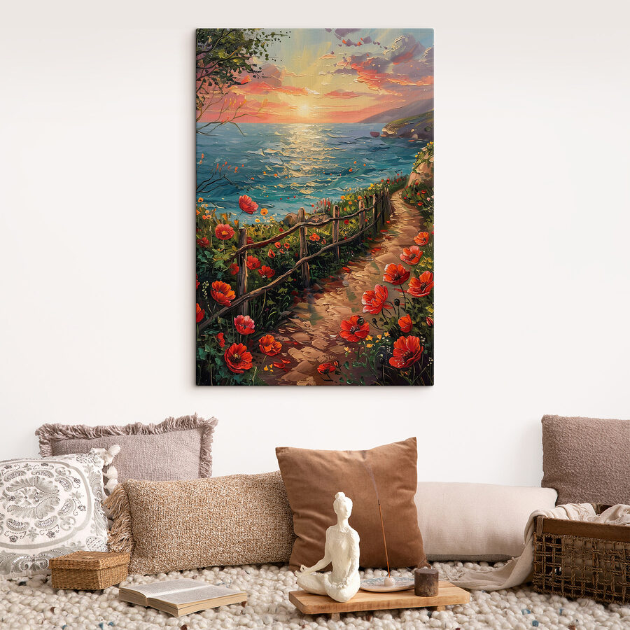 Gemälde eines Weges am Wasser mit Blumen Gemälde eines Weges am Wasser mit Blumen