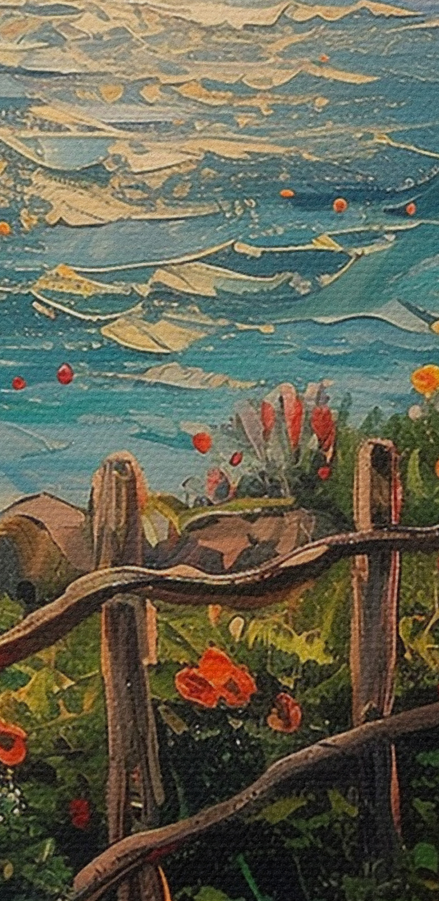 Gemälde eines Weges am Wasser mit Blumen Gemälde eines Weges am Wasser mit Blumen
