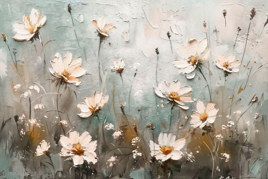 Gemälde mit Blumen an einer Wand