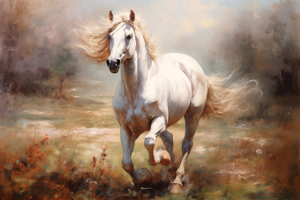 White horse running in a field