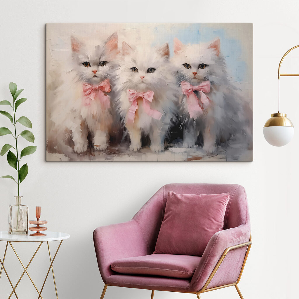 Group of white cats with pink bows