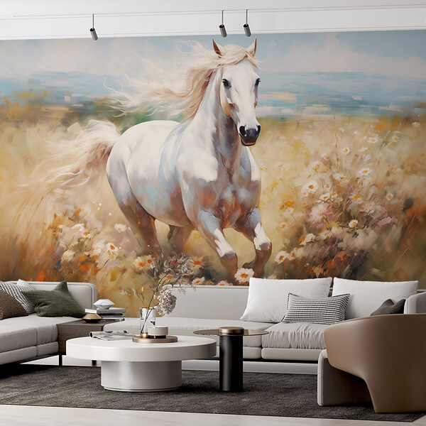 Weißes Pferd läuft durch ein Blumenfeld Weißes Pferd läuft durch ein Blumenfeld