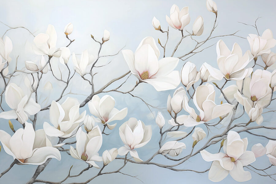 Malerei von weißen Blumen auf einem Zweig