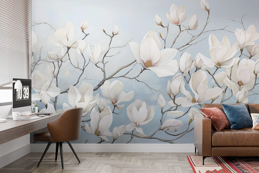 Malerei von weißen Blumen auf einem Zweig