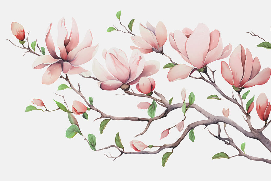 Zweig mit rosa Blüten und Blättern