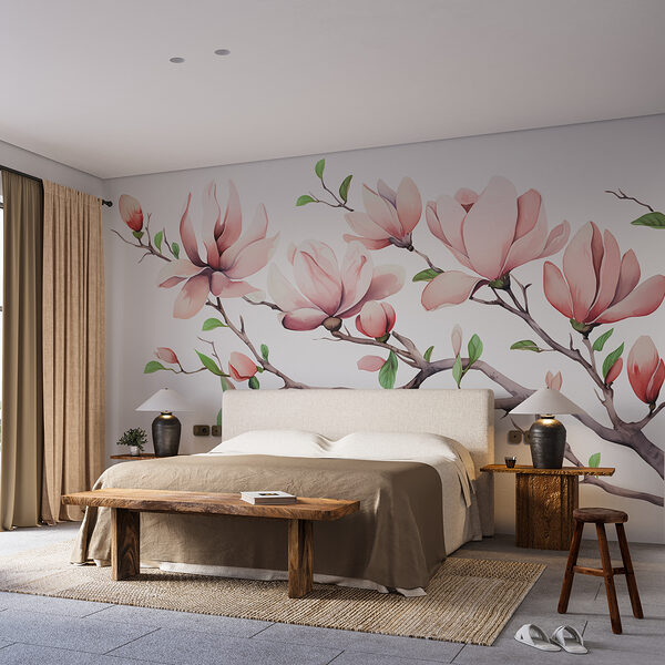 Zweig mit rosa Blüten und Blättern Zweig mit rosa Blüten und Blättern